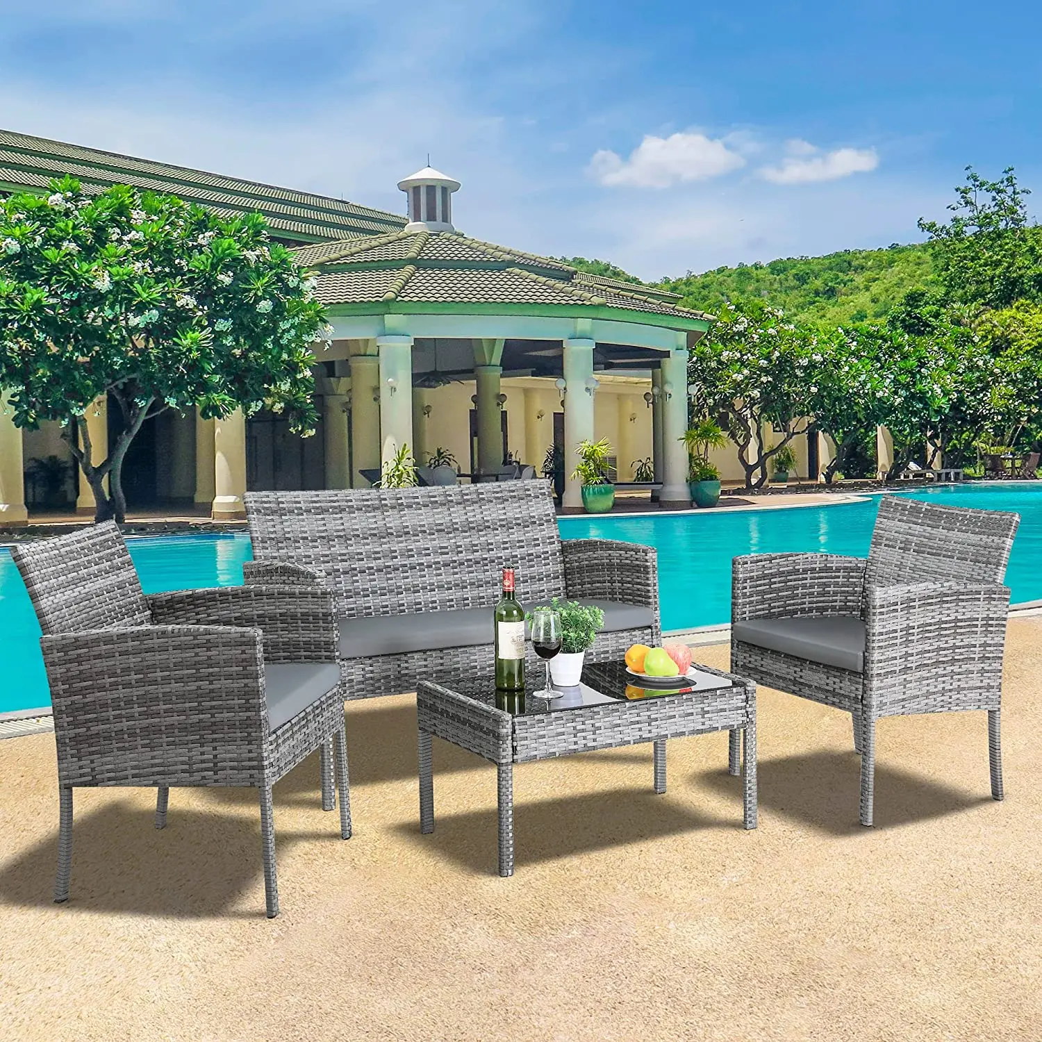 Gartensofa-Set, Gartenmöbel-Sets, Garten-Loungesessel + Couchtisch mit Kissen für Terrasse, Terrasse, Pool, Hinterhof