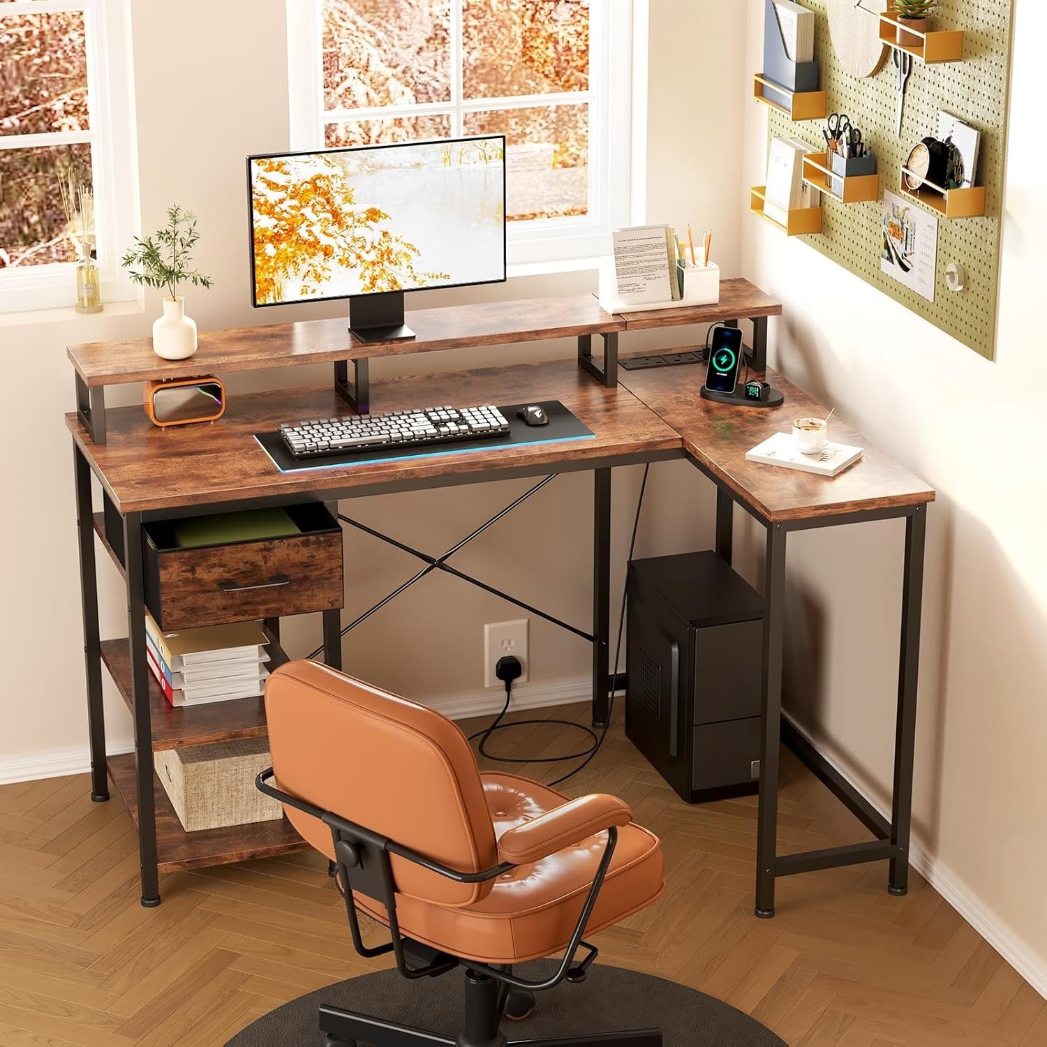 L Shaped Desk with Power Outlet Corner Computer Desk with Storage Shelves and Fabric Drawer, Study Writing Table Gaming Desk