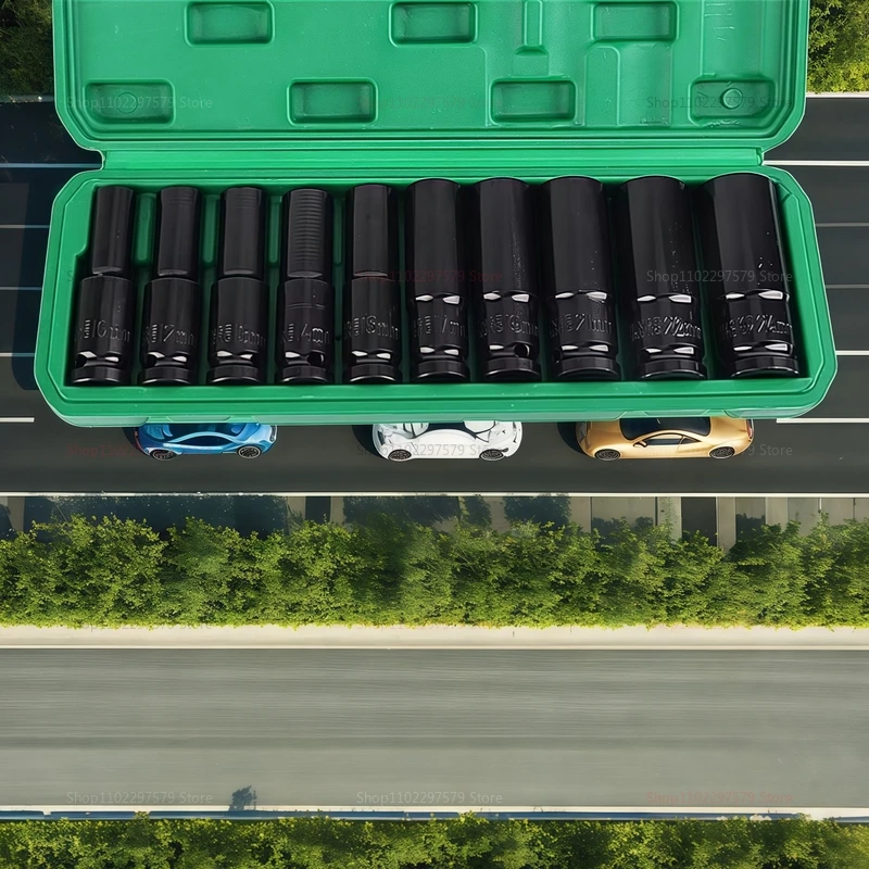 Socket wrench set, universal socket wrench set, deep-slot socket wrench set, pneumatic maintenance tool wrench 10-piece set