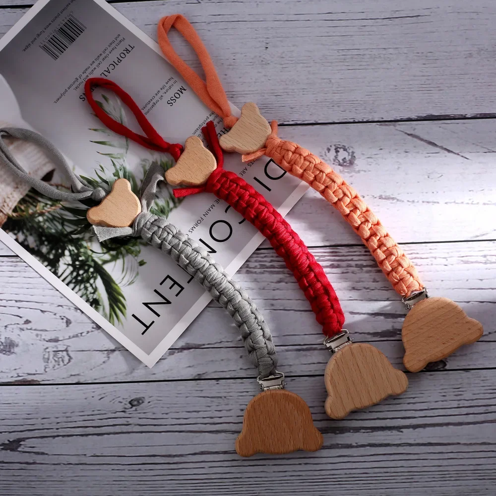 Cadeia de madeira personalizada Baby Chupeta, nome personalizado, trançado Weave, manequim mamilo titular, guarda mordedor pingente, material de presente recém-nascido