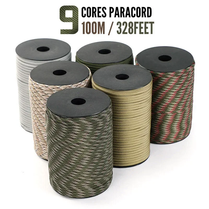 50m 650 Paracord militare 9 fili 4mm Cavo per paracadute tattico Accessori da campeggio Corda per tessitura fai da te Attrezzatura di sopravvivenza all'aperto
