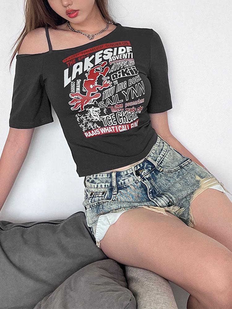 Gothic Tee Y2k Letter Print Off Shoulder Punk T-shirts Women Harajuku Summer Streetwear Grunge T Shirt Aesthetic Sexy Crop Tops