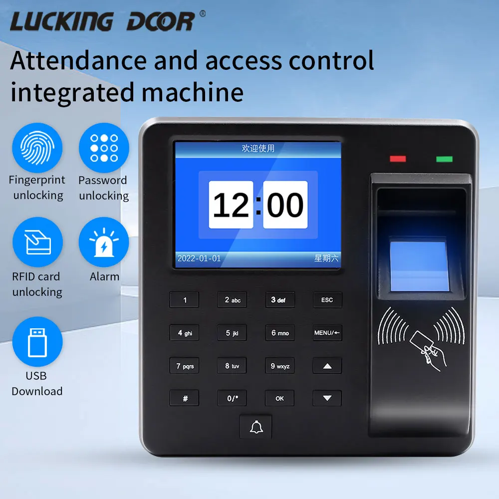 Máquina multifuncional de controle de acesso e atendimento M10, impressão digital humana/senha/cartão de identificação, função de alarme deslizante, download de upload de disco U