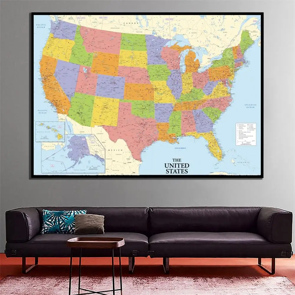 A2 Size Fine Canvas  Printed Unframed Map Of The United States Roll Packaged Wall Decor America Map For Home Office Decor