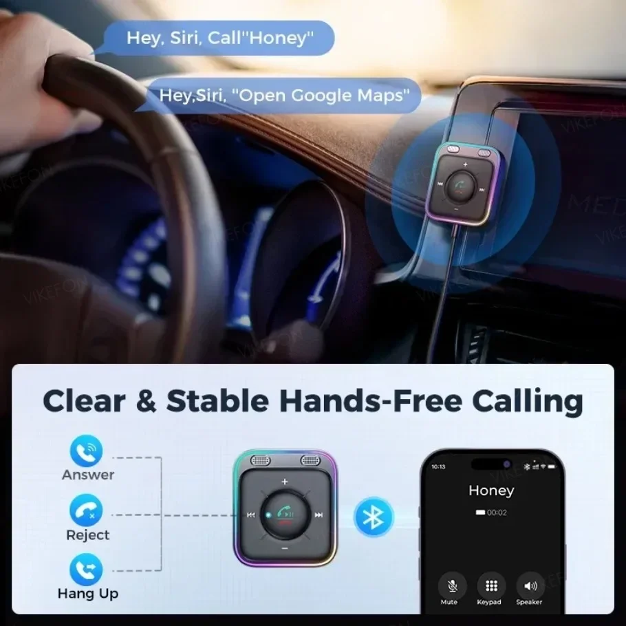 VIKEFON Bluetooth 5.4 Autoadapter mit Dual-Mikrofon Geräuschunterdrückung AUX Bluetooth Wireless Receiver Car Kit Plug-and-Play