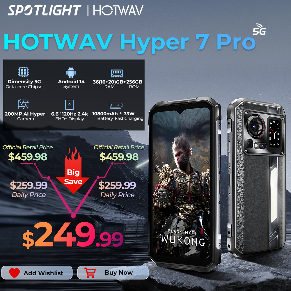 HOTWAV Hyper 7 Pro 5G 견고한 전화기 200MP 안드로이드 14 6.6인치 FHD+ 120Hz 스마트폰 36(16+20)GB 256GB 10800mAh 33W 휴대전화