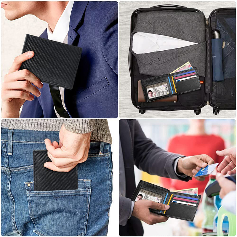 Slim Tối Giản Trị Gấp Ví Sợi Carbon RFID Ngăn Chặn Ví Nam Với ID Cửa Sổ Và 9 Khe Cắm Thẻ