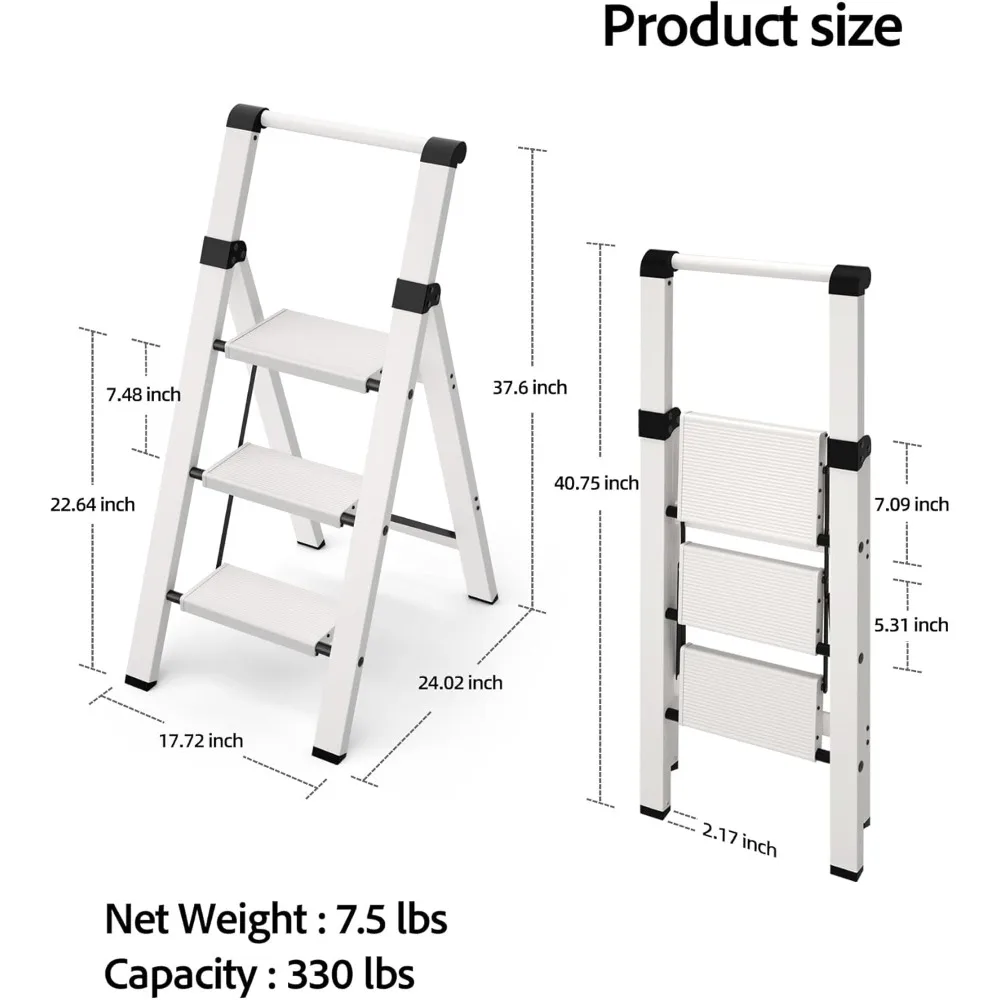 3 Step Ladder, Lightweight Aluminum Step Stool with Convenient Handgrip, Folding Ladder with Anti-Slip Pedals, 330lbs Capacity