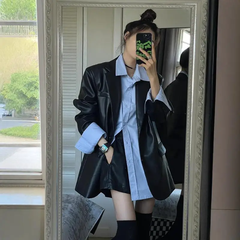 2024 novo estilo jaqueta de couro genuíno feminino solto ajuste casual elegante high-end sensação superior coreano vintage jaqueta preta