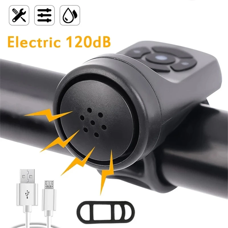 Bocina de bicicleta, timbre de bicicleta eléctrica, bocina de bicicleta impermeable de 120DB, recargable por USB, bocina de alarma para bicicleta de montaña y carretera, accesorios para bicicleta