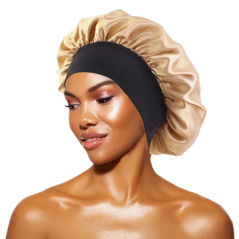 Gorro feminino de cetim sólido, aba larga, noite, dormir, banho, unissex, envoltório de cabeça, elástico, cuidados com os cabelos