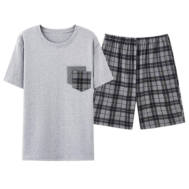 Pijamas de hombre, pantalones cortos de manga corta, ropa de dormir de algodón a cuadros con cuello redondo, ropa de casa de verano para hombre, L-4XL de yardas grandes, conjunto de ropa de casa para hombre joven