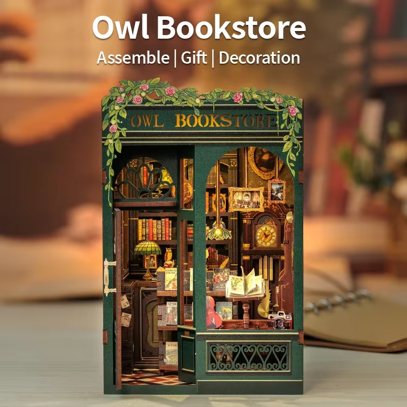 Cutebee diy livro nook kit casa de bonecas de madeira em miniatura com luzes estante inserção 3d puzzle decoração modelo para presentes coruja livraria