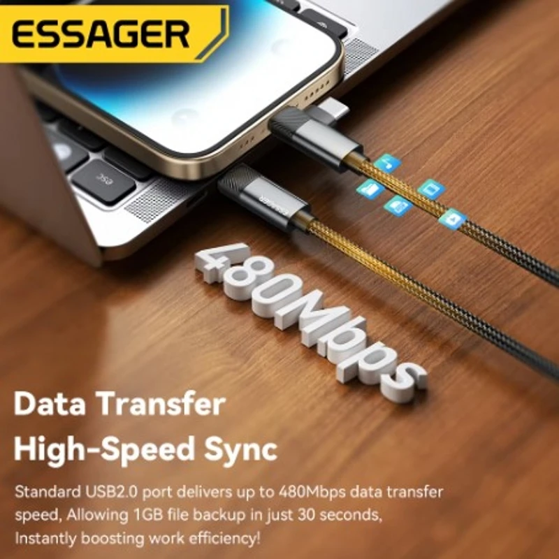 Essager Cable de ángulo recto 2 en 1 C-L 29W C-C 65W Cable de datos de codo de carga rápida para iPhone 16 15 14 MacBook Lenovo Dell iPad Pro