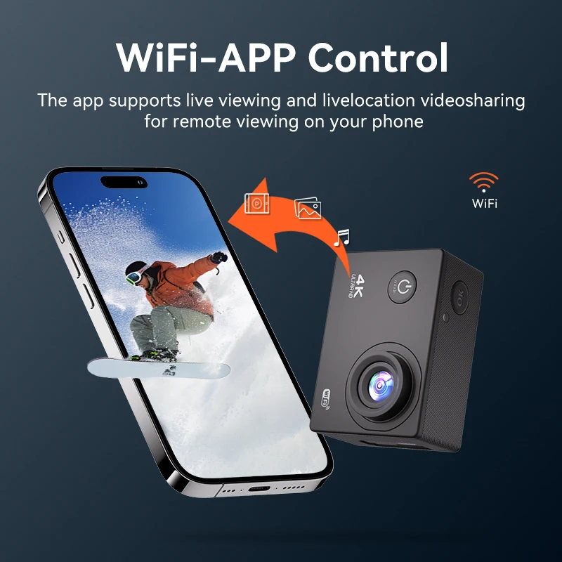 4K Action Camera with 120° Wide - Angle + WiFi - APP Control, Capable of Shooting in Scenes like Diving and Skiing