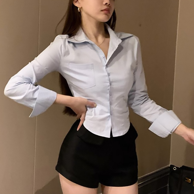 Koreaanse Witte Kantoor Vrouwen Chiffon Shirt Zak Knop Revers Dames Blouse Lente Commuter Lange Mouw Nieuwe Vrouwelijke Crop Tops