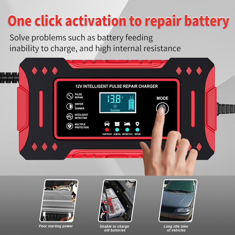 6A 12V intelligente auto-acculader Auto- en motorfietsaccu-oplaadeenheid Loodzuuraccu Reparatie LCD-scherm
