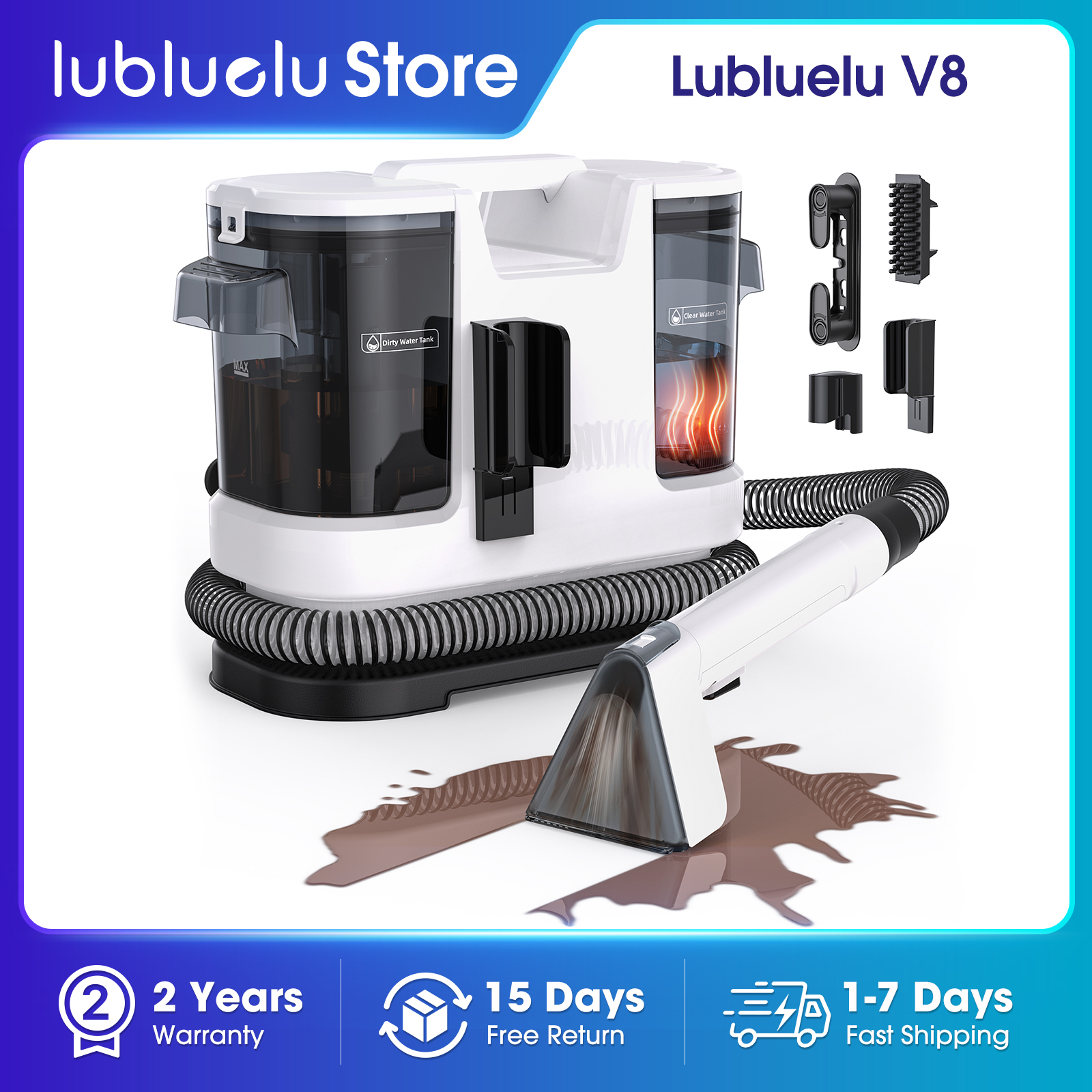 Lubluelu V8 800W Hot Water Carpet Cleaner  60°C Deep Clean Pet Stains 15kPa Strong Suction 5M Long Power Cord 1.75L Tank