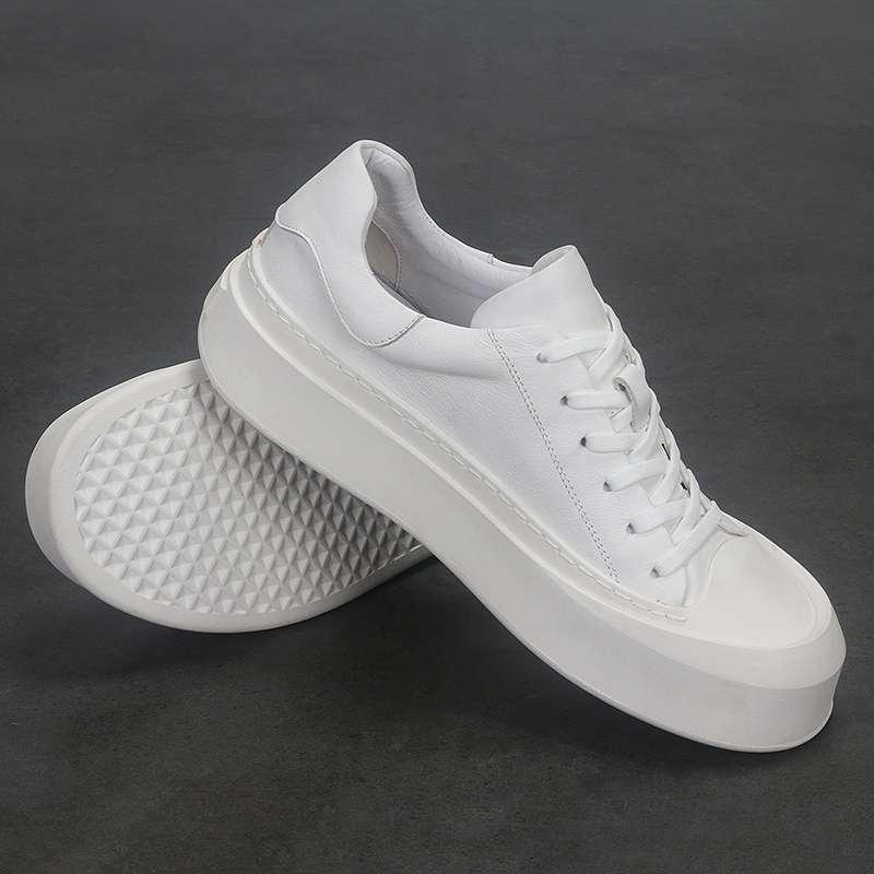 Sepatu kulit bundar pria, Kasut kasual tahan aus sol tebal kepala bulat nyaman Low-top modis