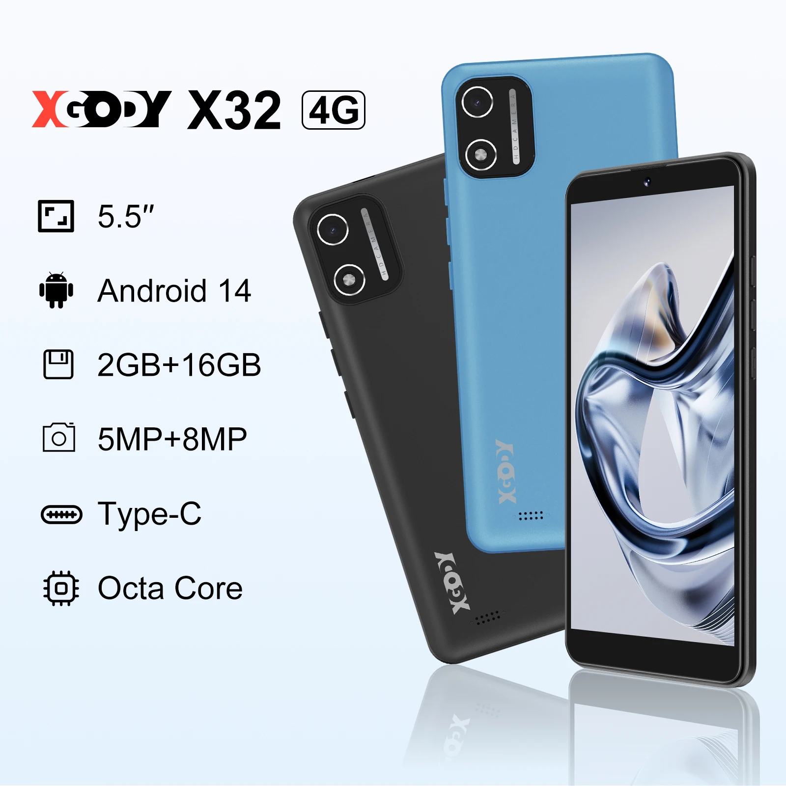 XGODY X32 Android 14 Smartphone 5,5 Zoll Dual SIM Octa Core 4 GB + 16 GB Mobiltelefone 2850 mAh 5 + 8 MP 4G Netzwerk Face ID Mobiltelefone