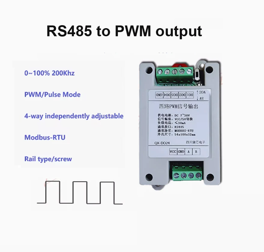 4-kanaals RS485 naar PWM Signaaluitgangsmodule Pulsfrequentie Duty Cycle Verstelbare servo Blokgolf modbus RTU
