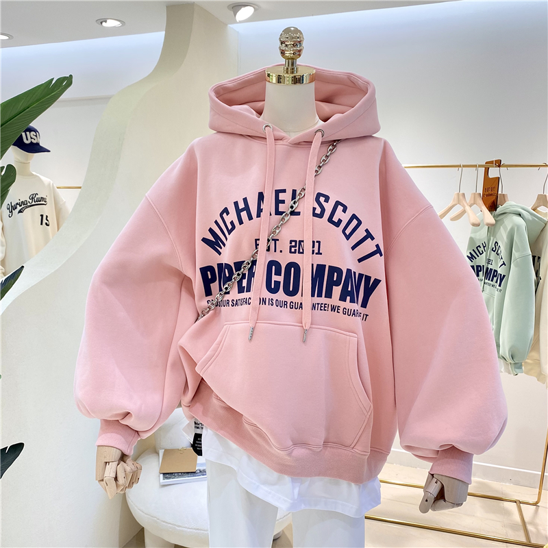 기모 후드티 여성용 통근 한국 스타일 기모 후드 여성용 넉넉한 스타일 홍콩 스타일 후드티 후드 스웨트셔츠 후드티