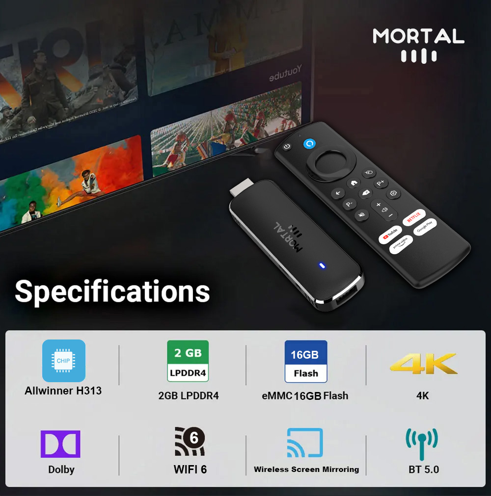 Versión en vivo de Android 14 TV stick 4k 1080p WiFi 6 Google Voice Netflix youtube q8 BT5 24fps WiFi Decoding media player