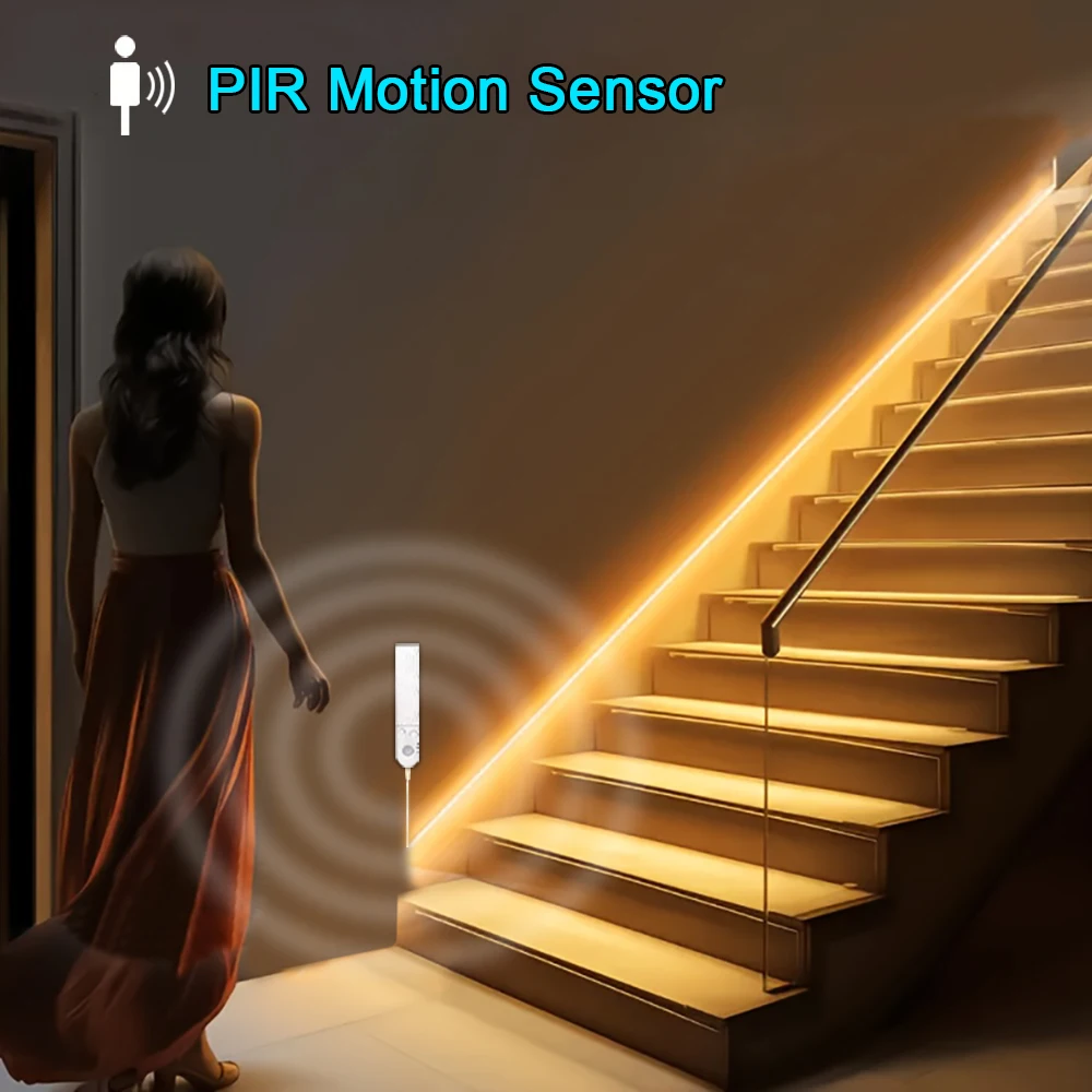 Bewegungsmelder-LED-Lichtleiste, batteriebetrieben, 320 LEDs/m, COB-LED-Streifen für Treppen, Schlafzimmer, Schrank unter der Schrankbeleuchtung