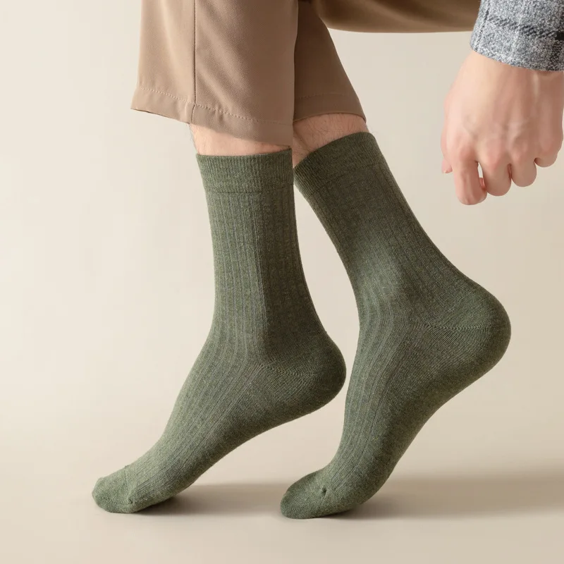 Calcetines de otoño e invierno para hombre, calcetines de punto de hilo grueso de Color sólido, calcetines simples de longitud media para hombre, calcetines para hombre