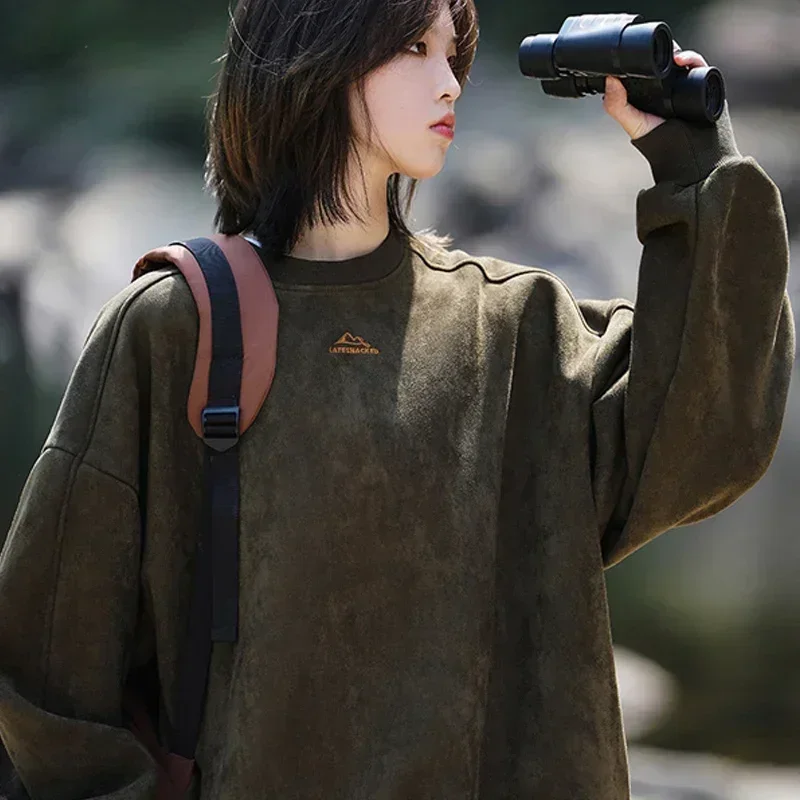 TFETTERS Marke Wildleder Sweatshirts für Männer 2025, neue Herbst-Winter-Kleidung, Baggy-Vintage-Pullover, Paare, O-Ausschnitt, Oversize-Bluse