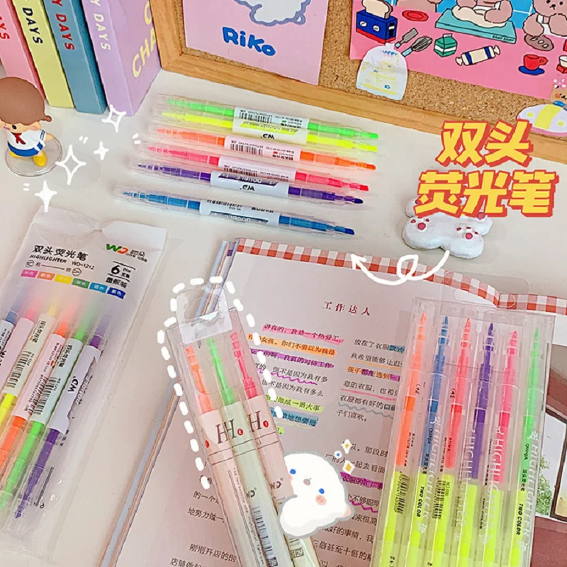 3/6 ชิ้น/เซ็ต Double HEAD Fluorescent Highlighter ปากกาเครื่องหมายพาสเทลปากกาสําหรับนักเรียนโรงเรียนอุปกรณ์สํานักงานเครื่องเขียนน่ารัก
