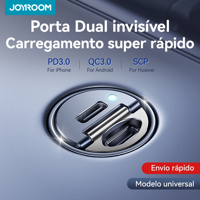 Joyroom-puxar o carregador do carro do anel, USB tipo-C, portas rápidas duplas, carregamento rápido, mini carregador do telefone, acessórios do carro, PD, QC, 30W