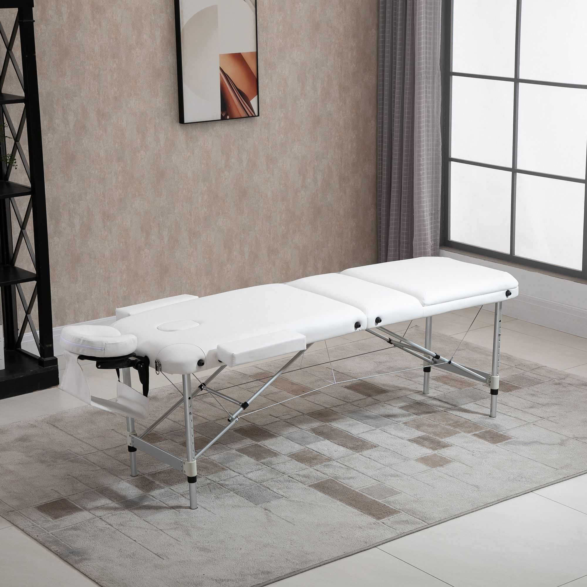 Klappbarer Massagetisch, höhenverstellbar, mit Kissen, für Salons und Spas, Kunststoff und Aluminium, weiß, 215 x 60 x 61-84 cm