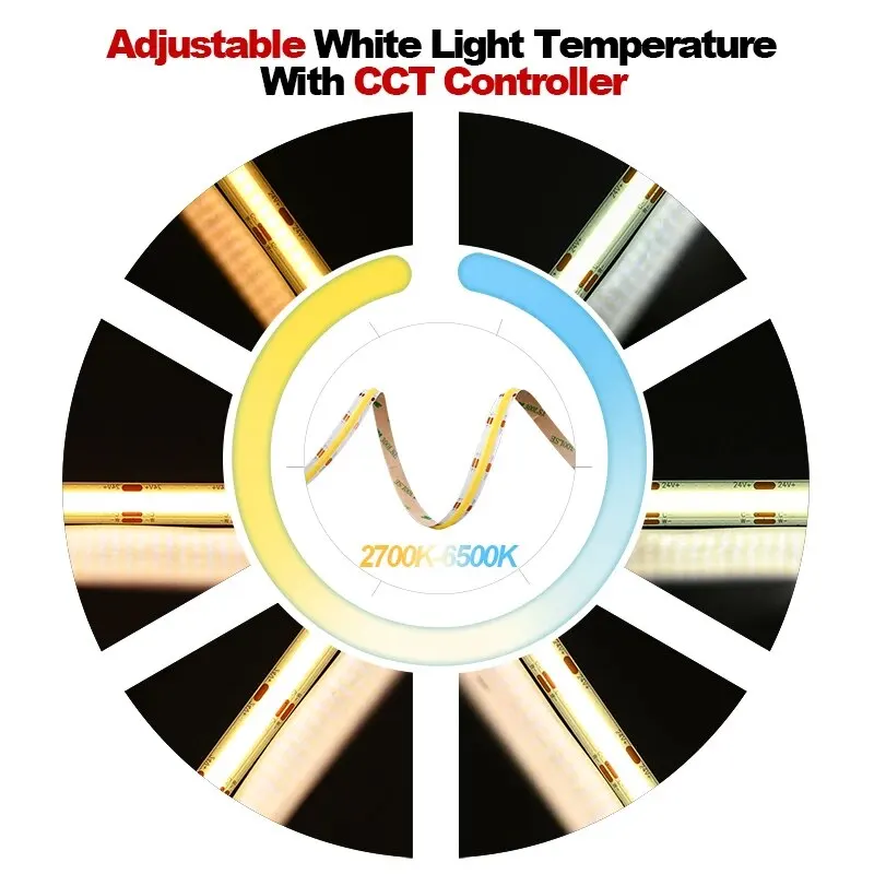 UL-gelistetes COB-CCT-LED-Streifenlicht, 2700 K bis 6500 K, wechselbar, 608 LEDs/m, flexibel, RA90, dimmbar, FOB-LED-Linearlichter, DC12 V, 24 V