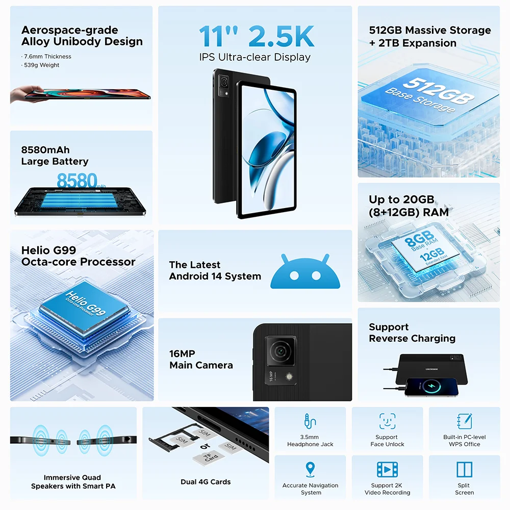 DOOGEE T40 Tablet Android 14 11" 2.5K 20GB(8+12) RAM 512GB ROM Helio G99 8580mAh 18W Charge Face Unlock 7.6mm ultra-thin Tablet