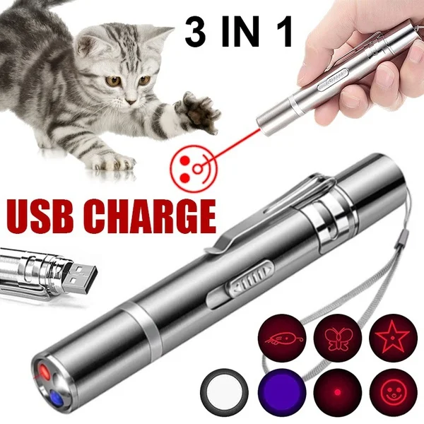 Puntero láser para gatos recargable por USB con 3 modos y 5 patrones, bolígrafo de proyección láser, puntero de luz LED de punto rojo, juguetes interactivos para gatos
