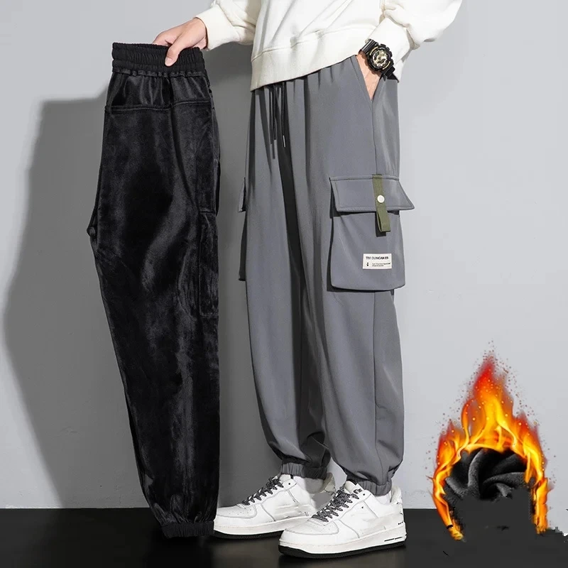 メンズy2kヴィンテージバギーパンツ、厚手と暖かい、フリースカーゴアンクル丈、ジョギング、ハーレムパンツ、特大、冬、2023