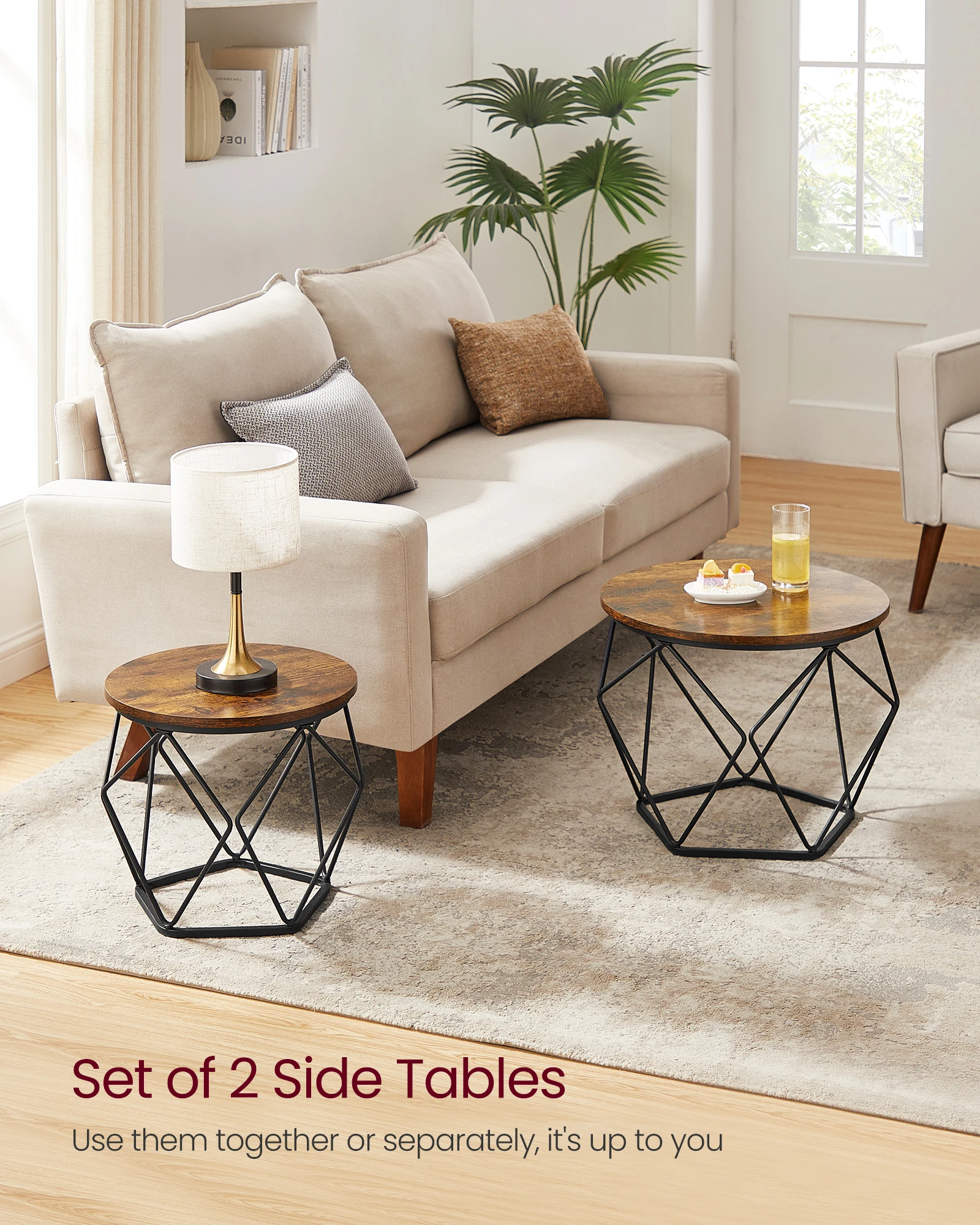 VASAGLE Round Coffee Table, Set of 2, Side Table, Sofa End, Modern Style, Removable Top, Steel Frame, for Living Room