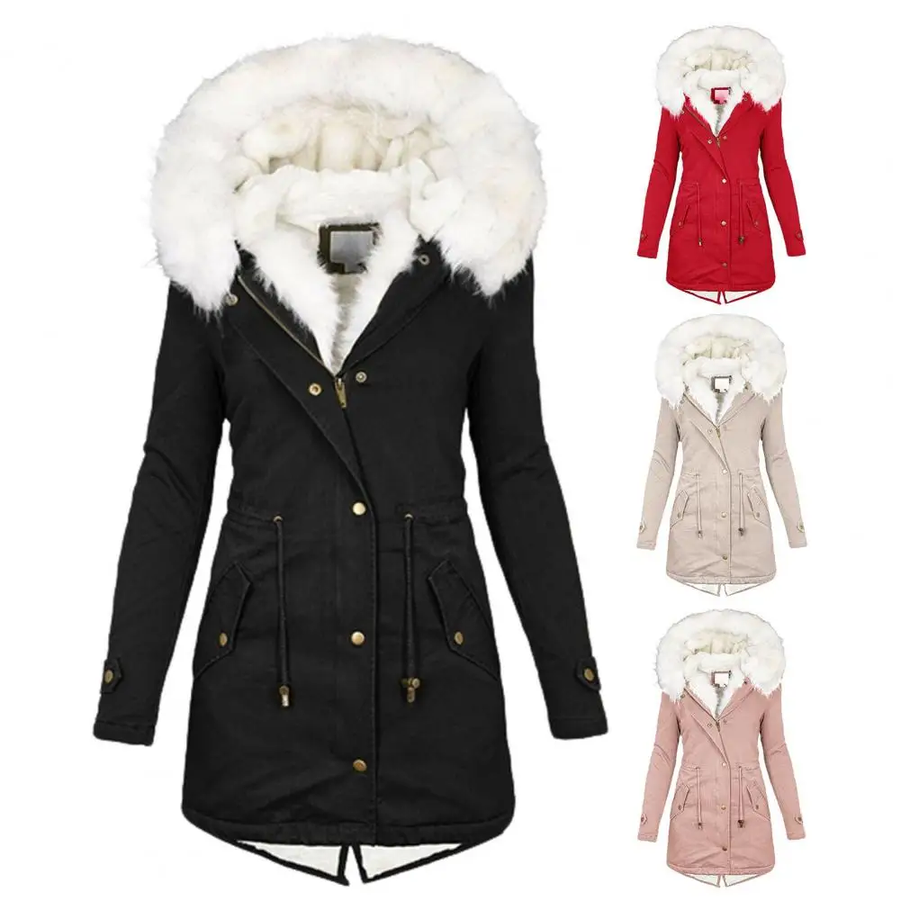 Abrigo clásico suave con cremallera y botones para mujer, abrigo ajustado con capucha de algodón acolchado de longitud media, chaqueta de invierno resistente al frío
