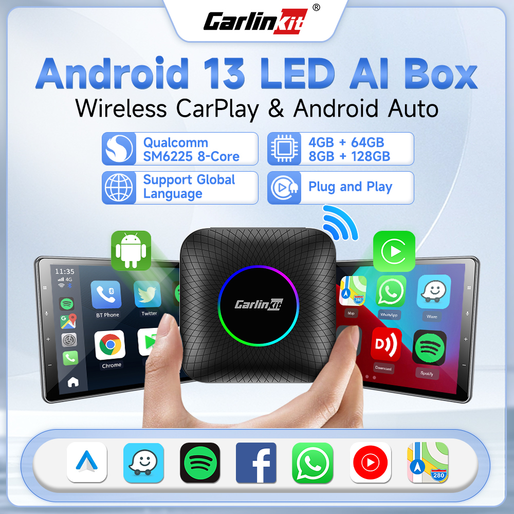 CarlinKit-Caixa de TV CarPlay sem fio, adaptador automático, Android 13, SM6225, 8, 128G, caixa inteligente para Netflix, Spotify, Kia, IOS17