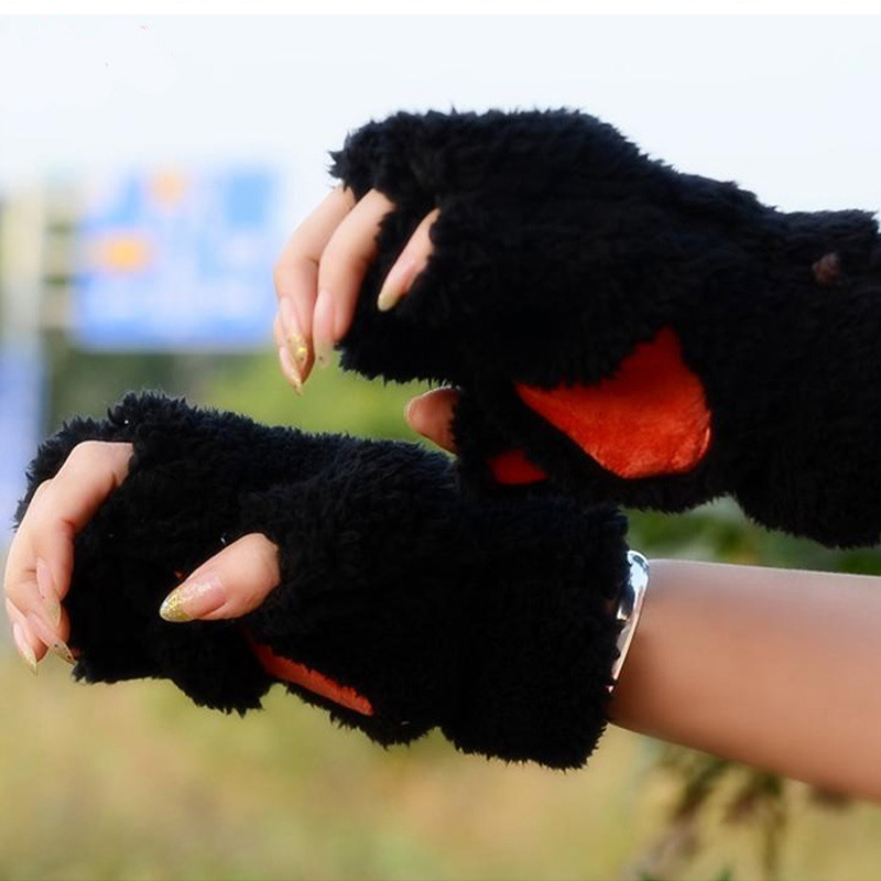 Guantes de pata de gato de invierno con bonitos dibujos de gato y niña, guantes con dedos abiertos, guantes gruesos y esponjosos con pata de oso y medio dedo