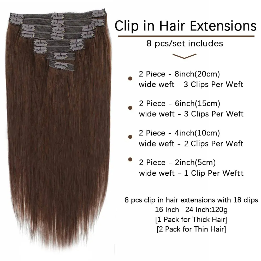 Grampo em extensões de cabelo cor de cabelo humano real # 4 grampos castanho chocolate em extensões de cabelo 8 peças de cabelo cor preta natural 24 polegadas