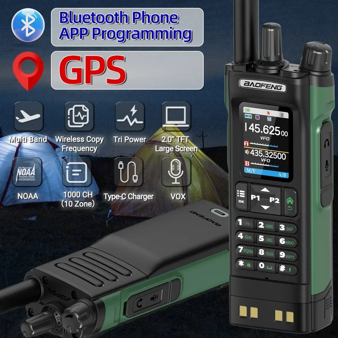 BAOFENG UV-32 GPS Walkie Talkie 10W Multi banda Bluetooth programación frecuencia de copia inalámbrica NOAA Radio bidireccional Ham de largo alcance
