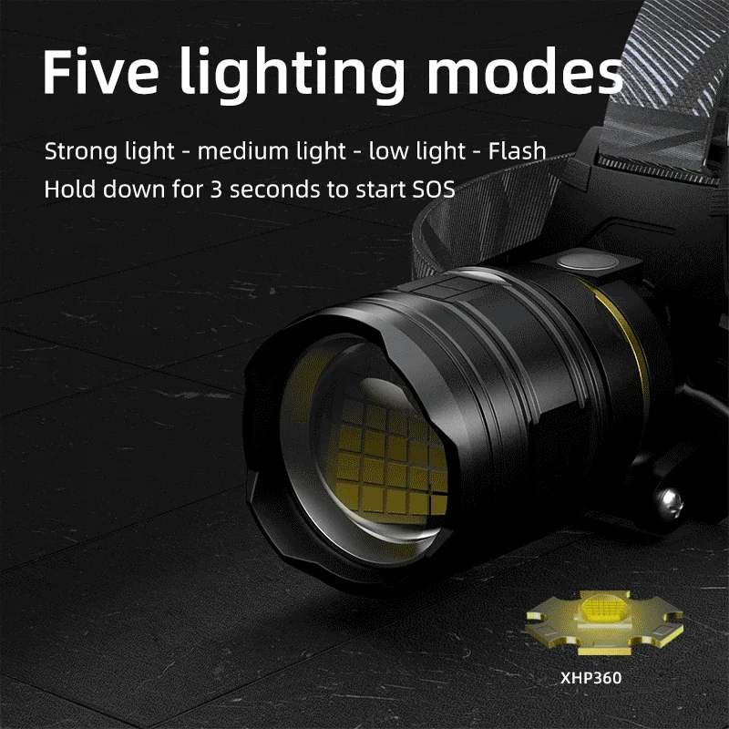 Poderoso farol com zoom XHP360 36 LED, farol recarregável 18650, lanterna brilhante ajustável para pesca, camping, caminhadas