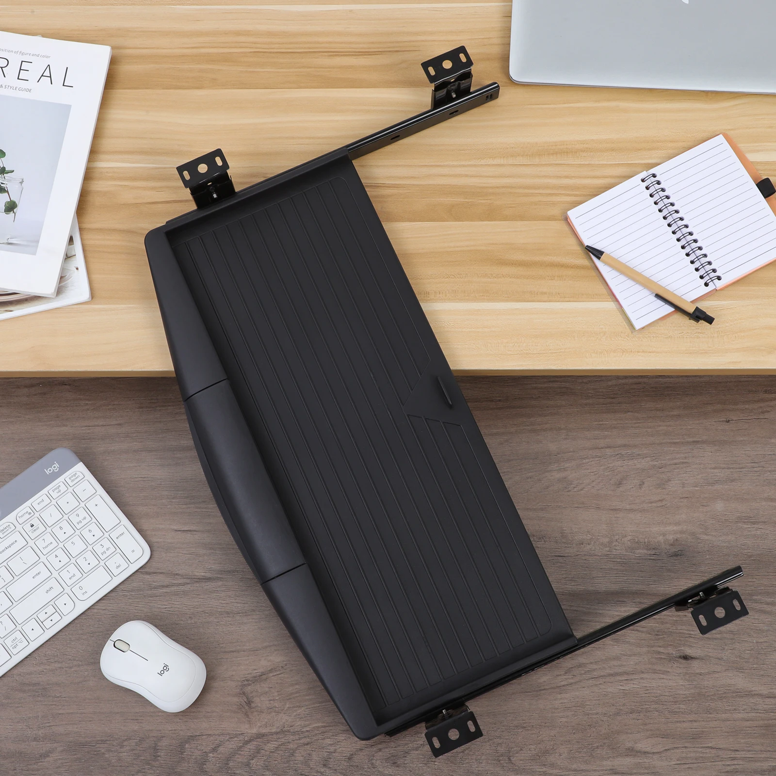 Bandeja deslizante para teclado de ordenador, soporte ajustable para ratón de oficina, cajón con caja de bolígrafos, posición giratoria debajo del escritorio, extraíble