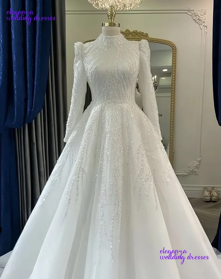 Abito da sposa musulmano in rilievo personalizzato per la sposa manica lunga Hijab abiti da sposa islamici collo alto arabo abiti da sposa 2025