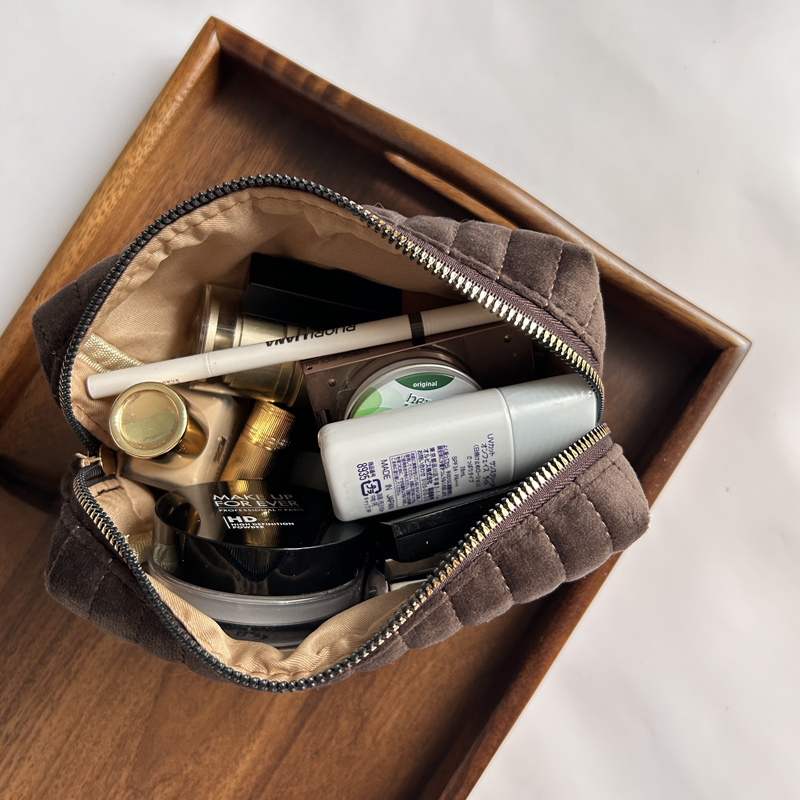 Soft Velvet Makeup Bag Cosmetics Zipper Stitching Striped Storage Bag Retro Portable Mini Toiletries Organizer