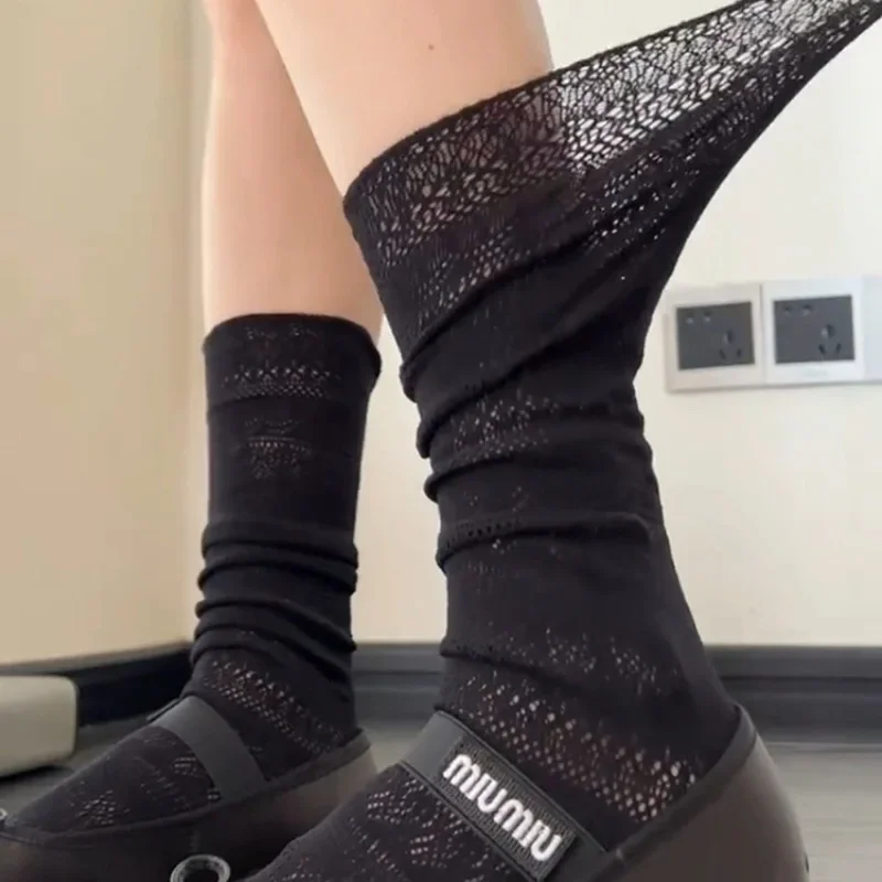Calcetines de pelo blanco dulce Lolita para mujer, calcetines de encaje de flores Retro de seda de nailon fino ahuecados de malla, calcetines transparentes para mujer