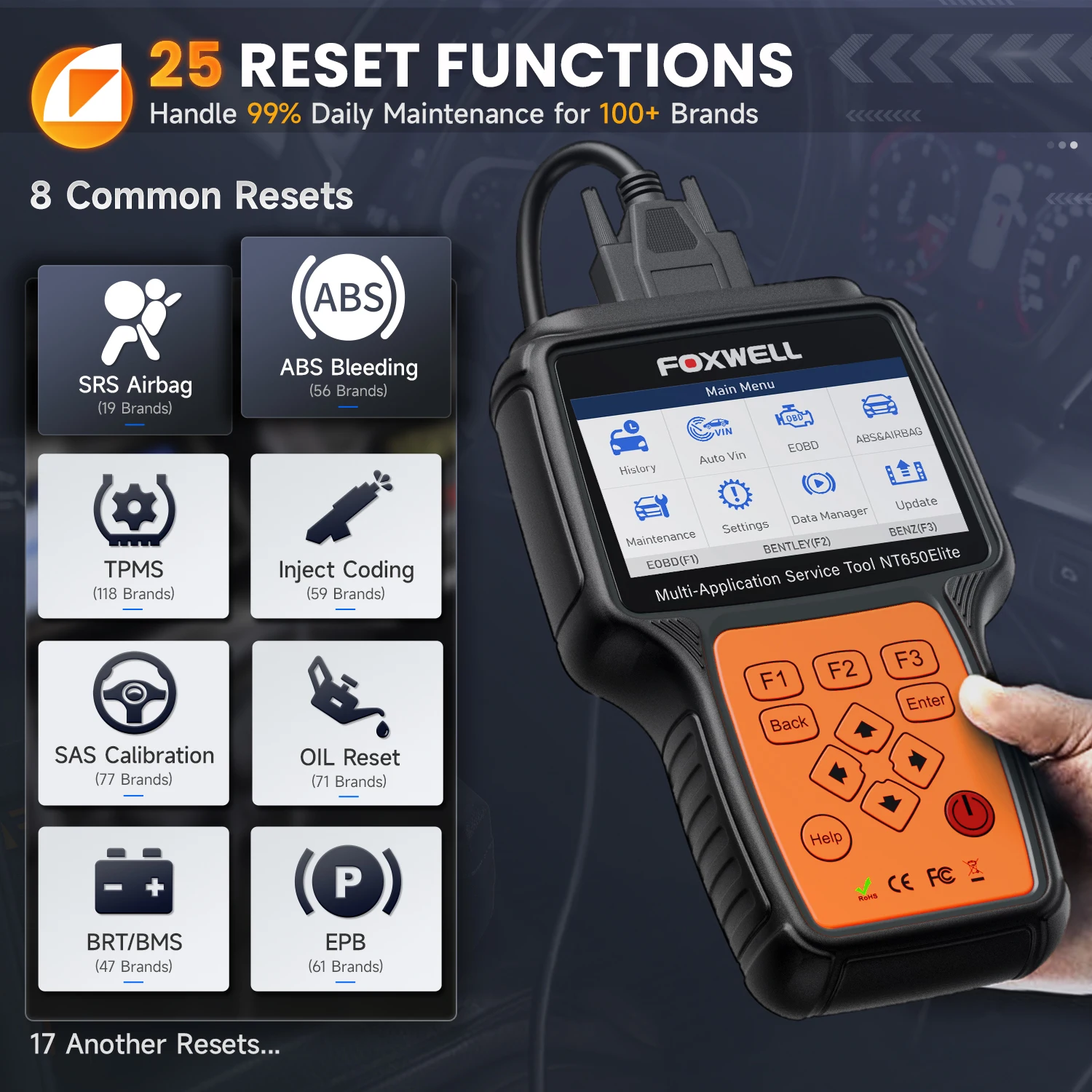 Foxwell nt650 elite carro obd2 scanner ferramentas de diagnóstico abs srs leitor código epb tpms dpf brt óleo redefinição obd2 scanner automotivo