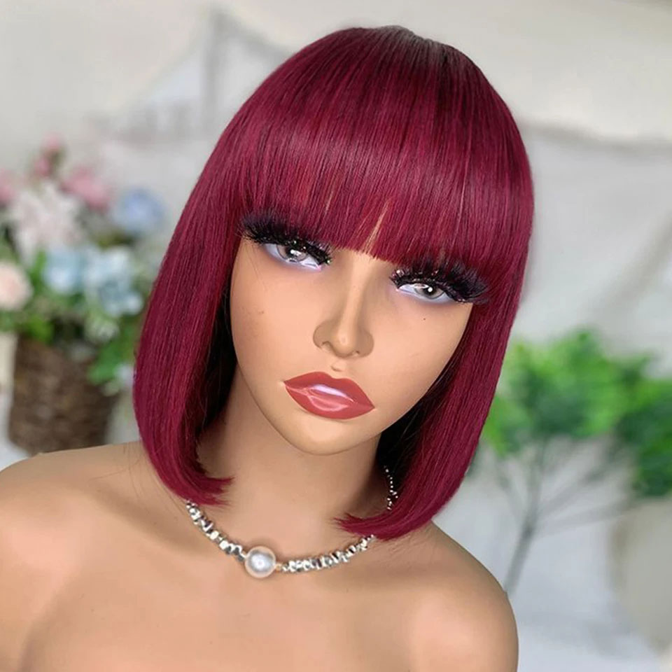 99J Màu Ngắn 180D Thẳng Brasil Tóc Bob Tóc Giả Với Nổ Remy Full Máy Làm Cho Nữ Hightlight Burgundy